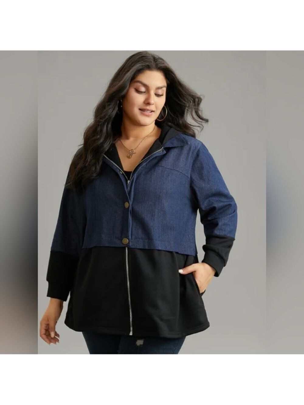 BloomChic | Denim Contrast Patchwork Button-Up Zip Coat – Casual Outerwear